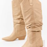Beige Microsuede Western Style Slouch Tall Boots