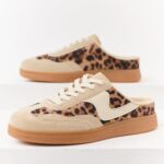 Biege Leopard Print Lace Up Slip On Mule Sneakers