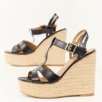 Black Cut Out T Strap Espadrille Platform Wedges