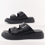Black Faux Leather Double Strap Platform Sandals