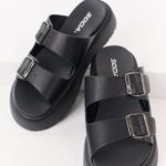 Black Faux Leather Double Strap Platform Sandals