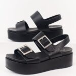 Black Faux Leather Silver Buckle Platform Sandals