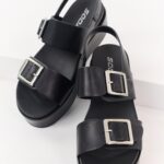Black Faux Leather Silver Buckle Platform Sandals
