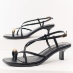Black Faux Leather Square Toe Strappy Kitten Heels