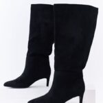 Black Faux Suede Pointed Toe Heeled Tall Boots