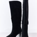 Black Faux Suede Pointed Toe Heeled Tall Boots