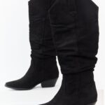 Black Microsuede Western Style Slouch Tall Boots