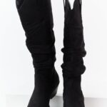 Black Microsuede Western Style Slouch Tall Boots