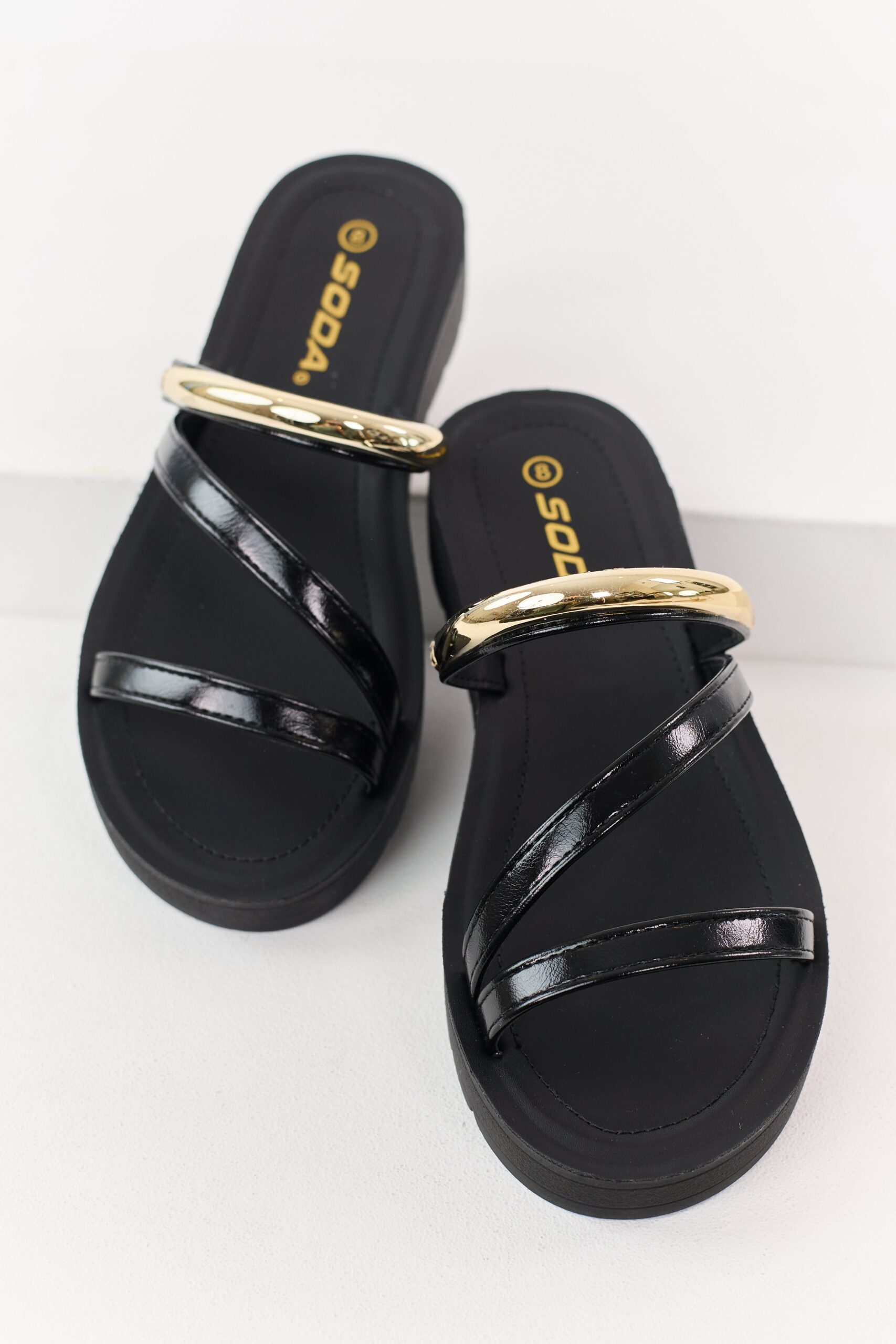 Black Triple Strap Platform Slip On Sandals