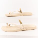 Cream Faux Leather Gold Toe Strap Sandals
