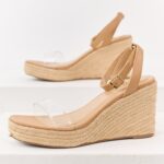 Nude Faux Leather Clear Strap Espadrille Wedges
